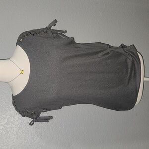 AWU Gray Short Sleeve Top Size Medium. Sleeves Criss Cross Tie Down the Arms.